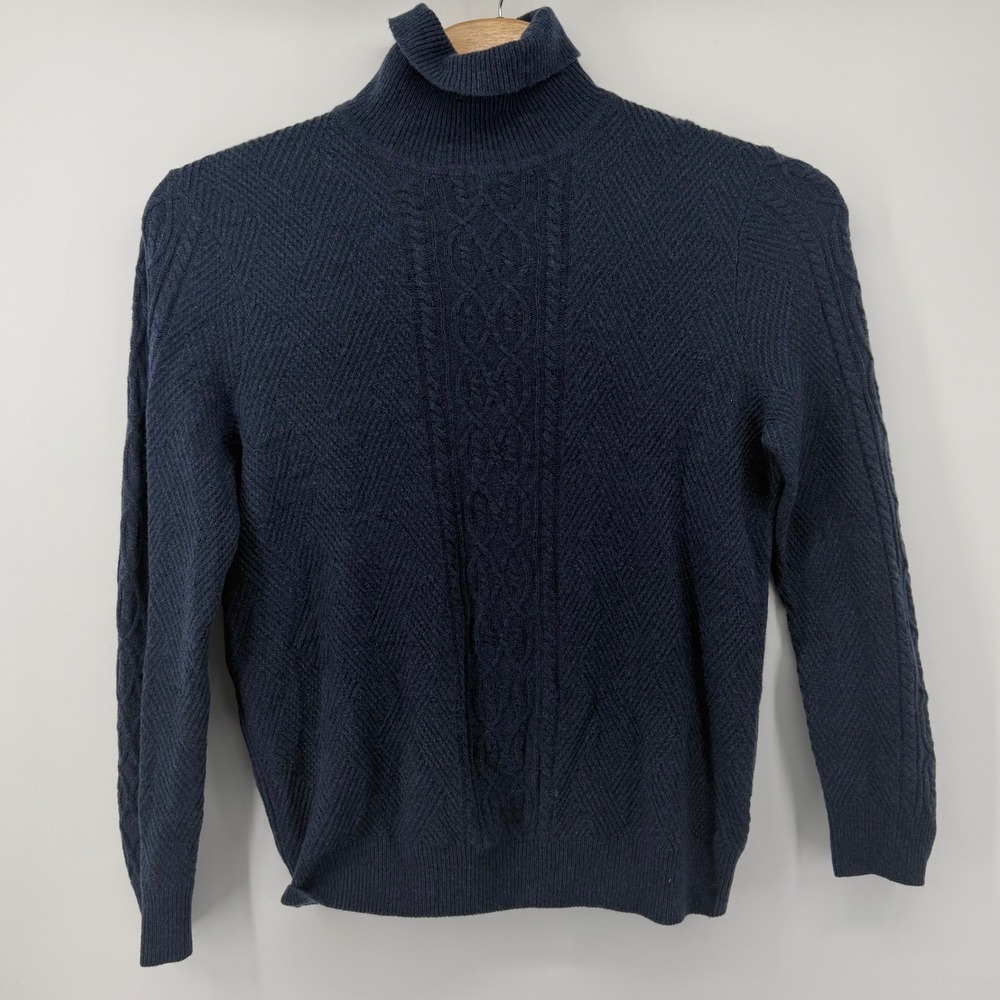 JOS A BANK Reserve Men Navy Blue Wool Blend Cable Knit Turtleneck Sweater medium